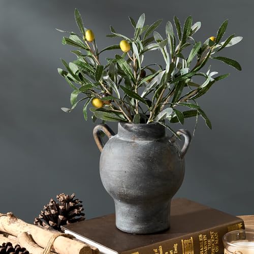 LUKA Antique Ceramic Vase with 2 Handle,7.28 inches Rustic Vase Minimalist Decor, Decorative Vases for Home Decor, Table, Living Room, Shelf, Christmas Decoration(Medium,Black) - color: M-black-(7.28 In)