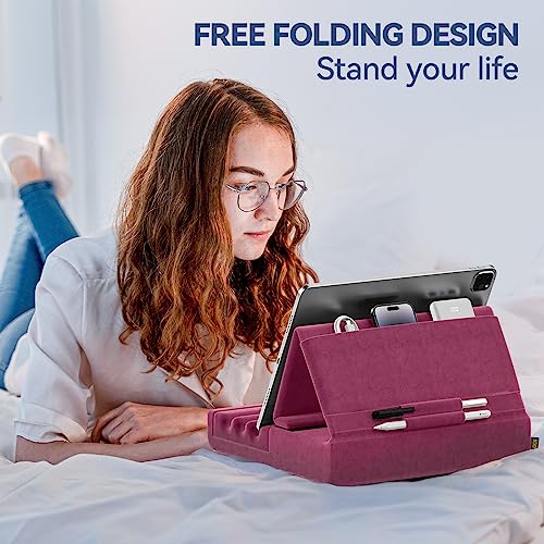 KDD Tablet Pillow Holder, Foldable iPad Stand for Lap, Bed and Desk -Tablet Soft Pad Dock with Pocket & Stylus Mount Compatible with iPad Pro 12.9, 10.5, 9.7 Air Mini 6 5 4 3, Galaxy Tab, E-Reader - color: Purple