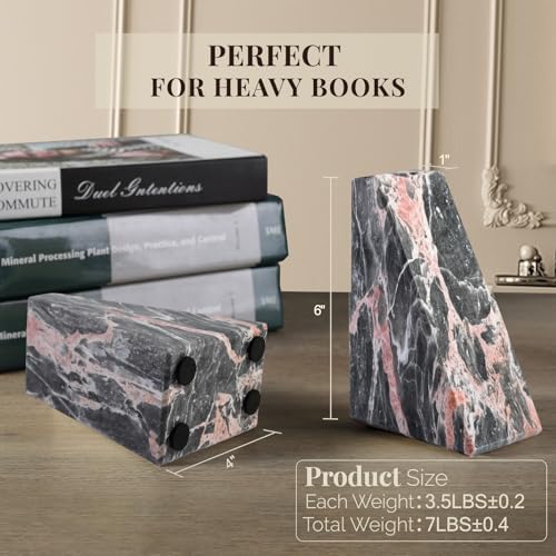 Koville Marble Bookends for Shelves, Large Bookends for Heavy Books, Natural Stone Book Stopper for Books CD Movies, Aesthetic Decorative Book Ends (Grey&Pink) - color: Grey&pink