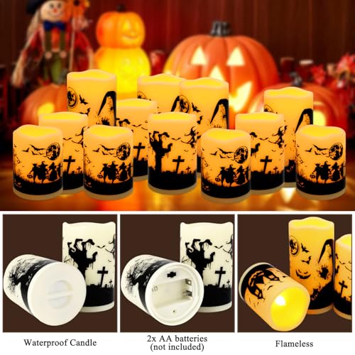 12-Pack Halloween Ink Painting Large Electronic Waxes with Remote Control, Flameless LED Candles for Halloween Spooky, Halloween Ambient Sense Artifacts. - color: 12Pack-halloween