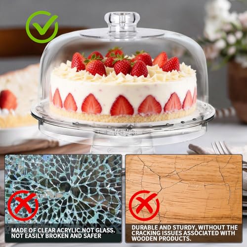 Masthome Cake Stand with Demo Cover, 6 in 1 Multi-Functional Serving Platter Display Stand for Christmas Wedding Party, Acrylic Cake Plate/Salad Bowl/Dessert Platter, BPA-Free, Send 2 Spoon - color: Acrylic Cake Stand With Lid