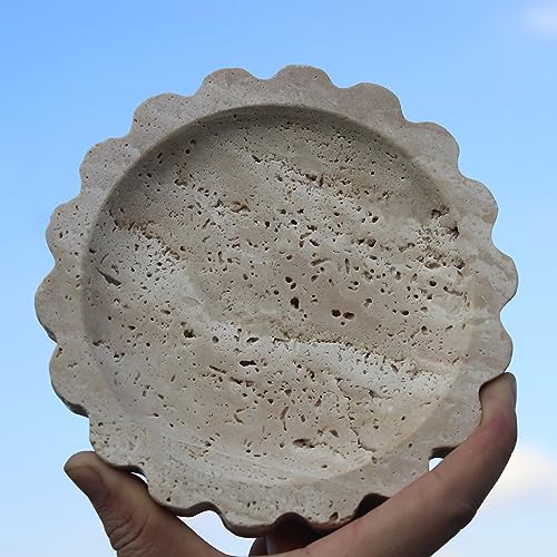 Natural Small Travertine Scalloped Edge Tray 6.3", Marble Jewelry Dish, Trinket Tray for Women Gift - color: Beige Travertine