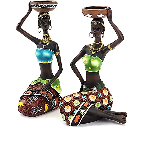 2 Pack African Women Sculpture,8.5in Black Tribal Lady Figure Figurine Candle Holder African American Women Statue Collectible Art Crafts Home Centerpieces Tabletop Ornaments Decoration Candleholder - color: A 2 Pack