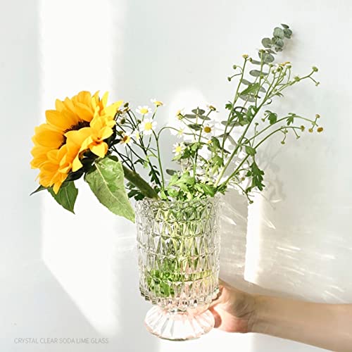 BLOFLO Embossed Glass Vase, 7'' Crystal Glass Vases, Pedestal Big Base Glass Bouquet Vase, Hydroponic Glass Transparent Vase for Home Office Wedding Dining Table Party (Long Rhombus Pattern) - color: Long Rhombus Pattern