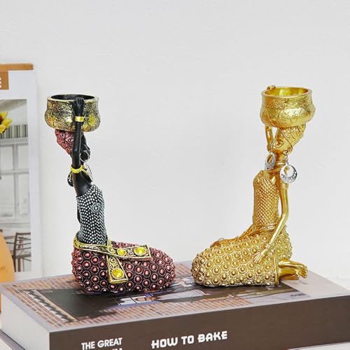 2 Pack African Women Sculpture,6.5in Black Tribal Lady Figure Figurine Candle Holder African American Women Statue Collectible Art Crafts Home Centerpieces Tabletop Ornaments Decoration Candleholder - color: B 2 Pack