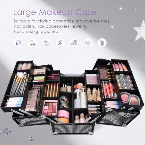 Joligrace Makeup Train Case Large 6 Tray Professional Organizer Box - Cosmetic Make Up Carrier with Lock & Key Carrying Strap for Studio Artist & Stylist Black Rhinestone - color: Black Grid