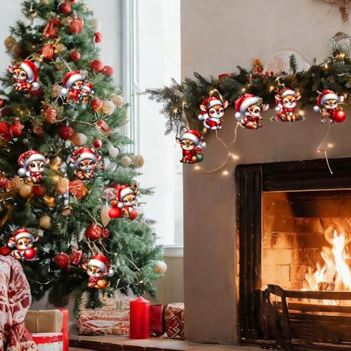 12 Pcs Cute Christmas Deer Hanging Ornaments Adorable Reindeer Figurines with Santa Hats & Festive Elements Acrylic Hanging Decor for Xmas Tree Christmas Holiday Party Home Decor Accessories - color: Style 5