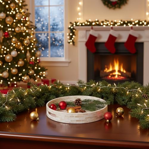 PEMAR 12.6” Mother of Pearl Round Serving Tray with Handles, Decorative Nacred Wooden Ottoman Coffee Table Tray (White Tiles) - color: White
