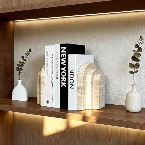 1 Piece Modern Travertine Bookend, Arched Design, Natural Stone Book Holders for Desk and Shelf (Travertine - 1 Piece) - color: Travertine - 1 Piece