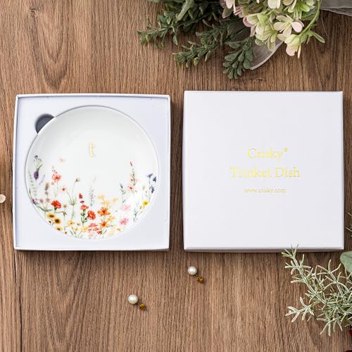 Crisky Initial Jewelry Tray Ring Dish & Gift Box, Ceramic Flower Trinket Dish for Rings Earrings Necklaces Keys, Bridal Shower Engagement Birthday Gift for Women, Friends 4.57" (Gold Foil T - style: Initial T