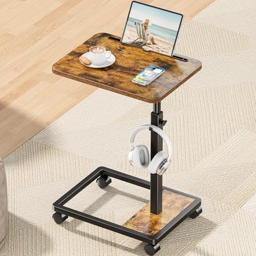 Adjustable TV Tray Table - 360° Rotating C Shaped End Side Table Sofa Couch Bed Table with Wheels for Eating Living Room Laptop - color: Brown