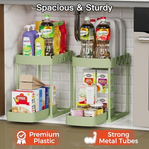 Ukeetap 2 Pack Multi-Purpose Pull-Out Storage Organizers, Under Sink Organizers and Storage for Bathroom & Kitchen, Under Cabinet Organizers and storage, 14.8 Inch, Green - color: Green, size: 14.8 Inch