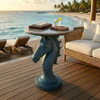 Luxury Horse Statue Round Side Table - 24" Faux Marble Top End Table, Luxury Resin Animal Sculpture Pedestal, Unique Artistic Accent Table for Living Room, Bedroom & Office, Navy Blue - color: Blue Horse