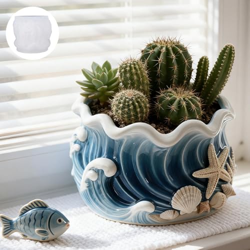 1Pc Blue Wave-Patterned Resin Casting Silicone Jar Mold Ocean-Themed Seashell Candle Silicone Mold for Home Decoration Candlesticks Flower Pots Plaster Cement Concrete Epoxy Storage Boxes - color: Blue Wave Resin Mold