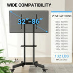 PERLESMITH Rolling TV Stand with Lockable Wheels for 32-86 Inch TVs Holds up to 132 Lbs, Height Adjustable Mobile TV Stand on Wheels with Laptop Shelf, Rolling Tv Cart Max VESA 600x400mm PSTVMC01 - size: 32-86 Inch