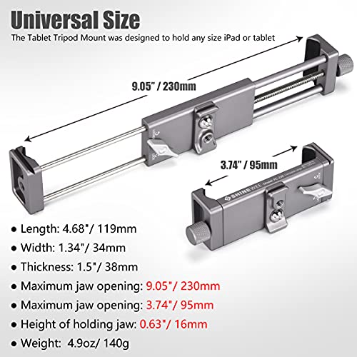 SHINEWEE Full Metal Tablet Tripod Holder - Compatible with iPad mini/Air/Pro | 1/4" Screw & Arca-Swiss Dovetail Mounts | Universal Tablet Clamp Adapter