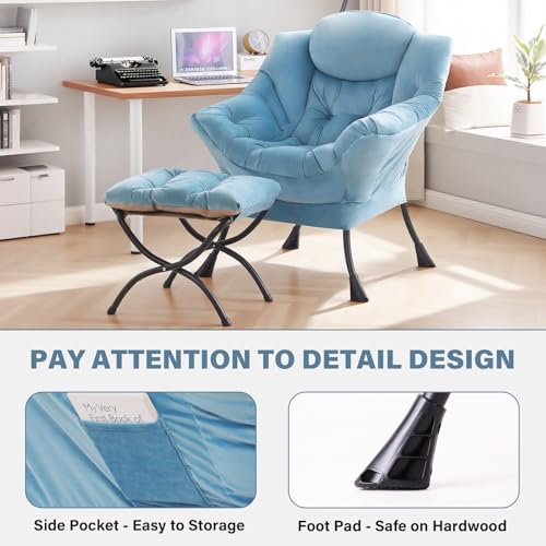 Tiita Lazy Chair with Ottoman, Blue Chiars Modern Large Accent Armchair, Comfy Leisure Sofa Reading Chair with Footrest for Bedroom, Living Room, Dorm Rooms, Garden, Velvet Light Blue - color: Light Blue