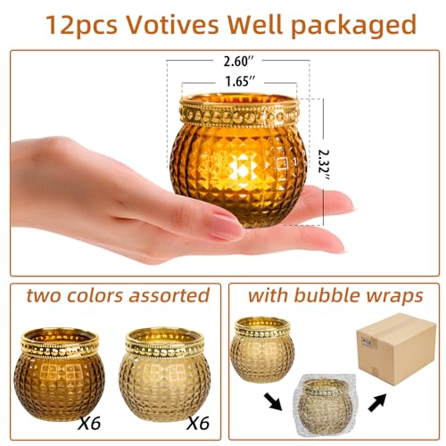 Candle Holder Set of 12, Small Tealight Candle Holder, Vintage Glass Votive Candle Holders for Table Centerpiece Wedding Home Decor Holiday Decor (Amber) - color: Amber
