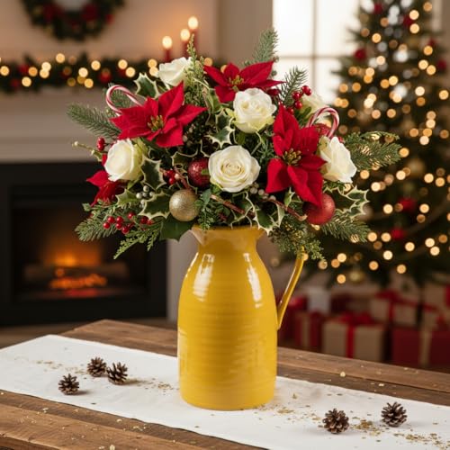 hjn Farmhouse Pitcher Vase for Flowers- Decrative Pitchers White Ceramic Pitcher Yellow Vase for Your Kitchen/Home Decor/Office/Living Room/Bookshelf/Mantel/-Yellow - color: Yellow - Pitcher Vase