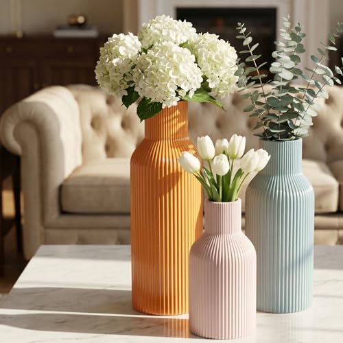 Colorful Ceramic Vases Set of 3(Pink, Blue, Orange), Modern Glossy Ribbed Color-Block Vase, Scandinavian Boho Style Decorative Ornament for Living Room and Shelves - color: Glossy-pink/Blue/Orange