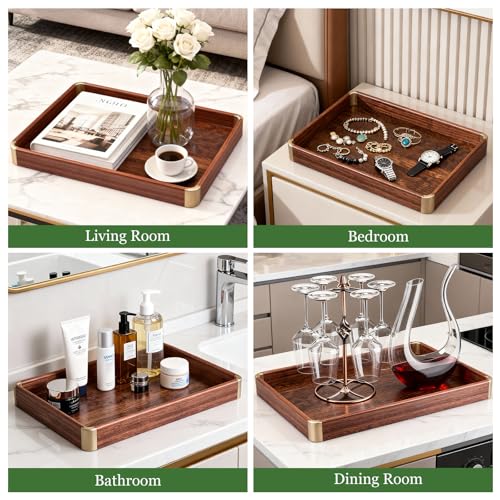 Bubinga Wood Serving Tray, 14.5"x9.8" Decorative Tray with Brass Corners, Luxury Home Decor for Coffee Table, Kitchen & Living Room, Housewarming Gifts for New Home, Wedding & Bridal Shower Gift