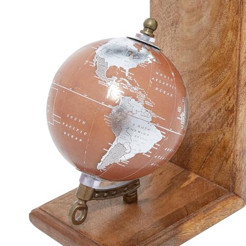 Deco 79 Wood Decorative Bookends Globe Non Skid Bookends, Set of 2 Office Bookends7", 7"H, Brown