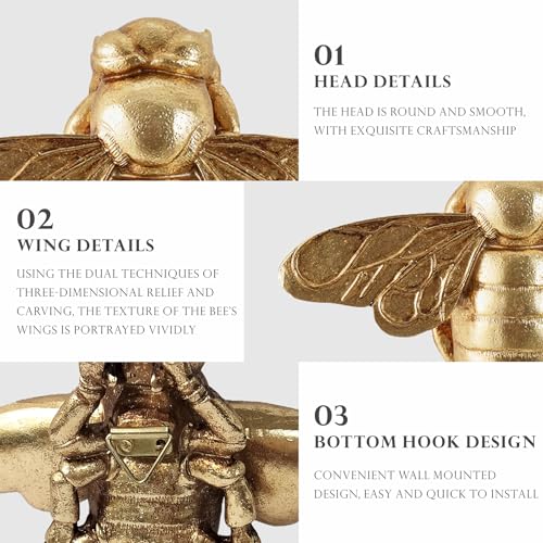 Gold Honey Bee Wall Arts Decor Insect Animal Wall Sculpture Resin Honeybee Home Hanging Decoration for Living Room Bedroom Bathroom Dining Room Kitchen Housewarming Gifts Indoor Outdoor Décor