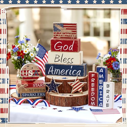 Vercraft 11 Pcs 4th of July Decorations Patriotic Memorial Day Tiered Tray Decor Set Blue Red White Table Centerpieces Sign for Independence Day Office Tiered Tray Home Shelf 250th Anniversary - style: Patriotic