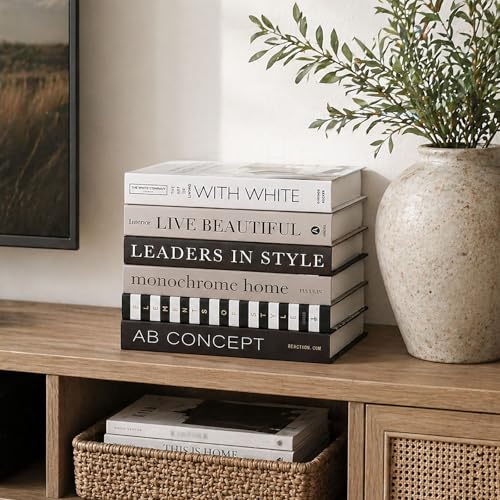 Decorative Books Set of 6 – Faux Books for Home Decor, Coffee Table Decor Books, Fake Books for Decoration, Bookshelf Styling & Living Room Decor, Stacked Book Decor - color: Ad