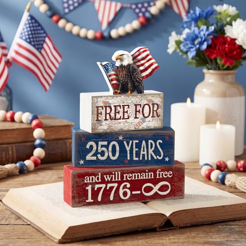 CroBlissful 4 Pcs 250th Anniversary 4th of July Decorations Patriotic Memorial Day Tabletop Decorations America Eagle Red White Blue Table Centerpieces USA Sign for Office Tiered Tray Home Shelf - style: 250 Years