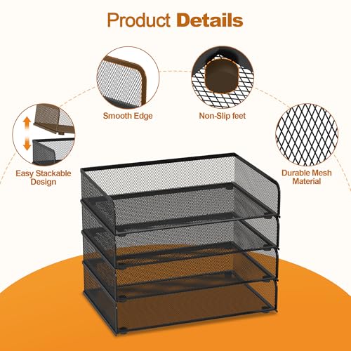 YINGHUA 4-Pack Metal Mesh Stackable Paper Letter Trays Organizer for Classroom,Office Desk File Sorter Holder Organizer Storage Box for Letter/A4 Size Folder Documents-Black - color: 4 Pack-black