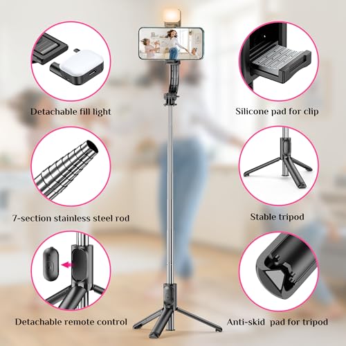 Selfie Stick Tripod with Fill Light, All in One Extendable Selfie Stick with Detachable Wireless Remote, Flexible Phone Tripod Stand Compatible with iPhone/Galaxy, Compact Size & Lightweight - style: Black & With Light