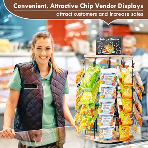 Pinzoveco Chip Rack Display Stand, 5 Tiers 40 Clips Snack Organizer for Office Desk, 360° Rotating Wooden Base Chip Holder Candy Display for Concession Stand, Countertop, Party, With Message Board - color: Rustic Brown