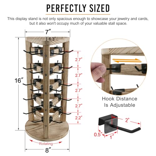 Wood Rotating Earring Display for Vendors, Wooden Jewelry Display for Vendors with 30 Removable Hooks 5 Tier Tabletop Necklace Display Stand Key Chain Display