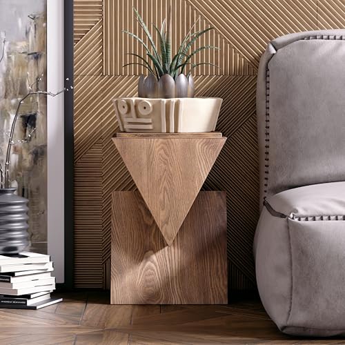 COZAYH Modern Geometric Wood Grain End Table with Structural Design, Farmhouse Side Table with Sculptural Pedestal Base for Living Room, Bedroom, Office, Fully Assembled, Natural