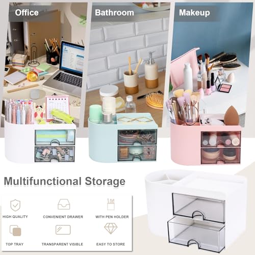 Meiikun Desk Organizer with Drawer, Pen Organizer for Desk, Small Pencil Holder, Desk Organizers and Accessories for Office Home Storage (2 Drawers+4 Compartments, White) - color: 4 Compartments + 2 Drawer (White)