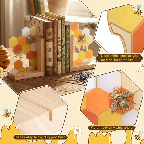 1 Pair Honeycomb Bookends Decorative Wooden Book Ends for Shelves Bookshelf Modern Honey Bookend Stoppers Holder for Office Home Desk Book Lover Gift 9.5 x 6 x 3.5 Inches