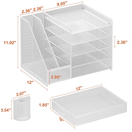 Marbrasse Desk Organiser with File Holder, 5-Tier Paper Letter Tray Organiser with Drawer and 2 Pen Holder, Mesh Desktop Organizer and Storage with Magazine Holder for Office Supplies(White) - color: White
