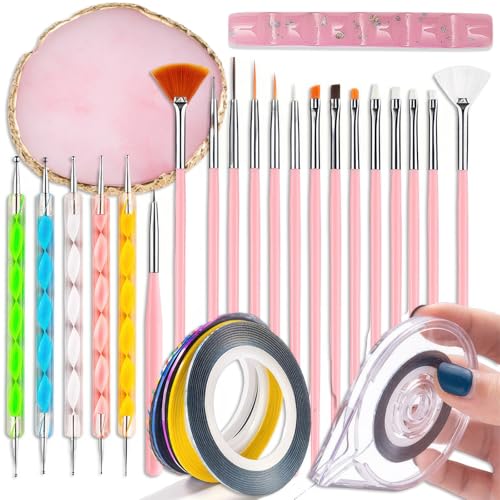 28 Pcs Nail Art Brushes Nail Art Tool Set Resin Nail Art Palette Sculpture Pen 2 Way Acrylic Silicone Carving Pen Dotting Pen Tool Manicure Kit for Home DIY Salon Nail Art (Pink) - color: Pink