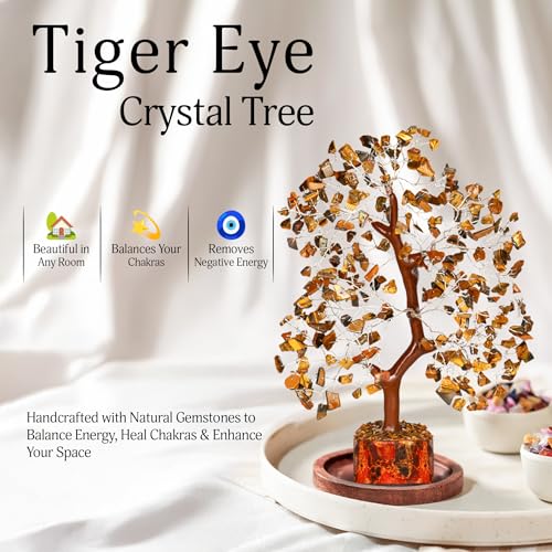 YATSKIA Tiger Eye Crystal Tree - Tree of Life - Tiger Eye Stone - Reiki Gifts - Gemstone Tree - Spiritual Decor - Crystal Decor - Chakra Decor - Metaphysical Gifts - Chakra Stones - Home Office Decor - color: Tiger Eye Silver Wire