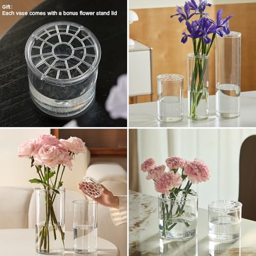 Liotww Acrylic Cylinder Clear Vases, Tall Large Plastic Flower Vase for Bouquet, Unbreakable Hurricane Vases Set of 3 for Centerpieces (D 6", D 4.8", D 4" + 3 Holder) - color: 3-xl Clear