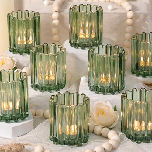HAVITI Glass Green Votive Candle Holder, Ribbed Votive Candle Holders Set of 12, Tealight Candle Holder for Wedding Centerpieces Dinner Party Table Decor - color: Green