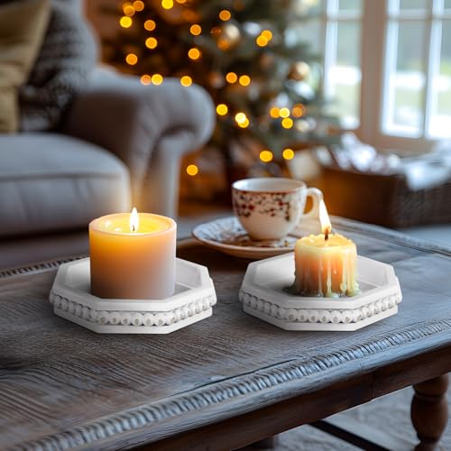 Candle Pedestal for Pillar Candle Set of 2, Rustic Round Wood Tray Beaded Risers, Farmhouse Wood Beaded Tray for Tiered Tray Candle, Mug Display Decorative, Table Centerpiece, Antique White - color: Rusticwhite-1, size: Set of 2