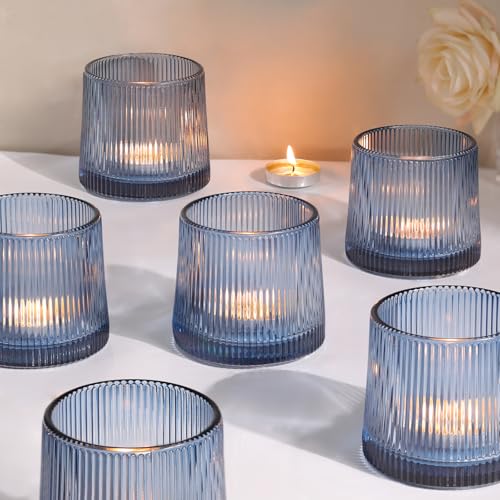 DARJEN Blue Ribbed Tealight Votive Candle Holders- 6Pack Glass Candle Holders for Table Centerpiece, Wedding Decor, Home Decor, Party Dinner - color: Blue, size: 6Pcs