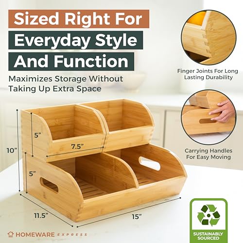 Potato and Onion Storage Bin – Stackable Ventilated Bamboo Storage System for Kitchen Counter or Pantry – Multi-Level Produce Organizer for Garlic, Fruits & Vegetables