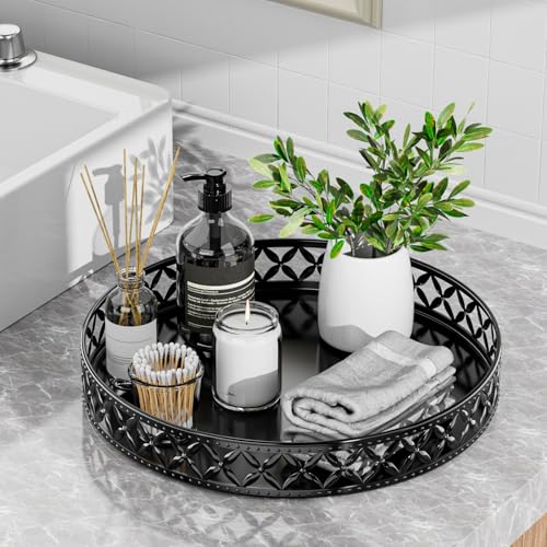 Vanity Tray for Bathroom Counter - 11 Inch Black Decorative Tray Bathroom Counter Tray Organizer for Perfume Cosmetics Jewelry Makeup - color: Floral-black