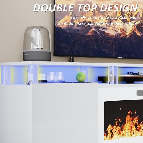 LEMBERI 70" Fireplace TV Stand for TVs up to 80 Inches with White 36'' Electric Fireplace & Remote, Modern Entertainment Center with LED Light,Woodeen TV Console for Living Room, 8 Acrylic Posts, Wht - color: White With White Fireplace (Acrylic Posts), si