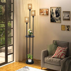 Dimmable Boho Floor Lamps for Living Room, 3-Lights Farmhouse Floor Lamp with 3-Way Foot Switch, Rattan Floor Lamp with Shelves, Rustic Standing Lamp with Rattan Shades, Tall Lamps for Bedroom - style: Dimmable Black-Rattan Shade
