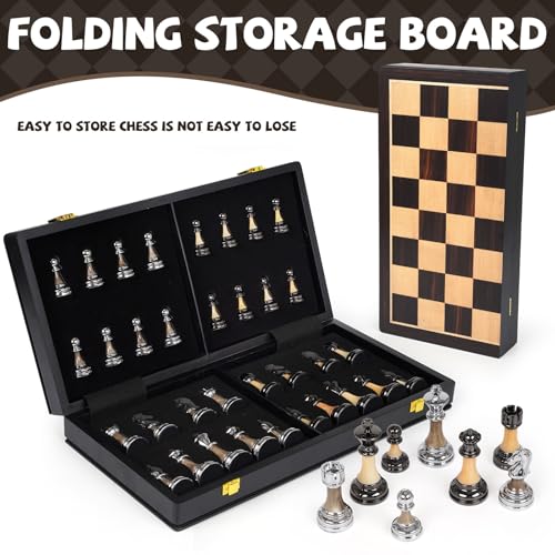 Luxury Large Metal & Acrylic Chess Set with Wooden Chess Board (17”) – Weighted Chess Pieces with 3.5” King, Foldable Tournament Chess Set for Adults & Kids, Professional Chess Game Set