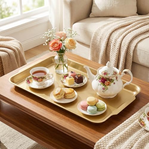 Gold Stainless Steel Decorative Tray, Rectangular Metal Platter with Raised Edges, Multipurpose Tray for Coffee Table, Kitchen and Party Display (Small) - size: Small